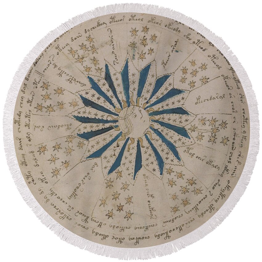 Astronomy Round Beach Towel featuring the drawing Voynich Manuscript Astro Rosette 1 by Rick Bures