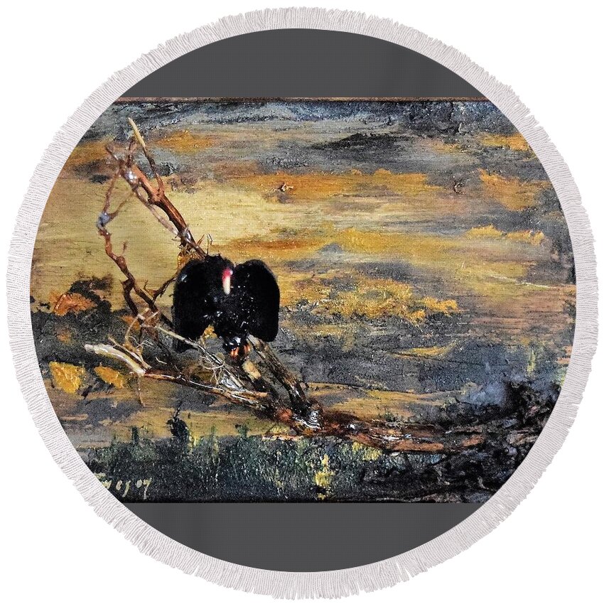 Vulture Round Beach Towel featuring the painting Vulture with Oncoming Storm by Roger Swezey