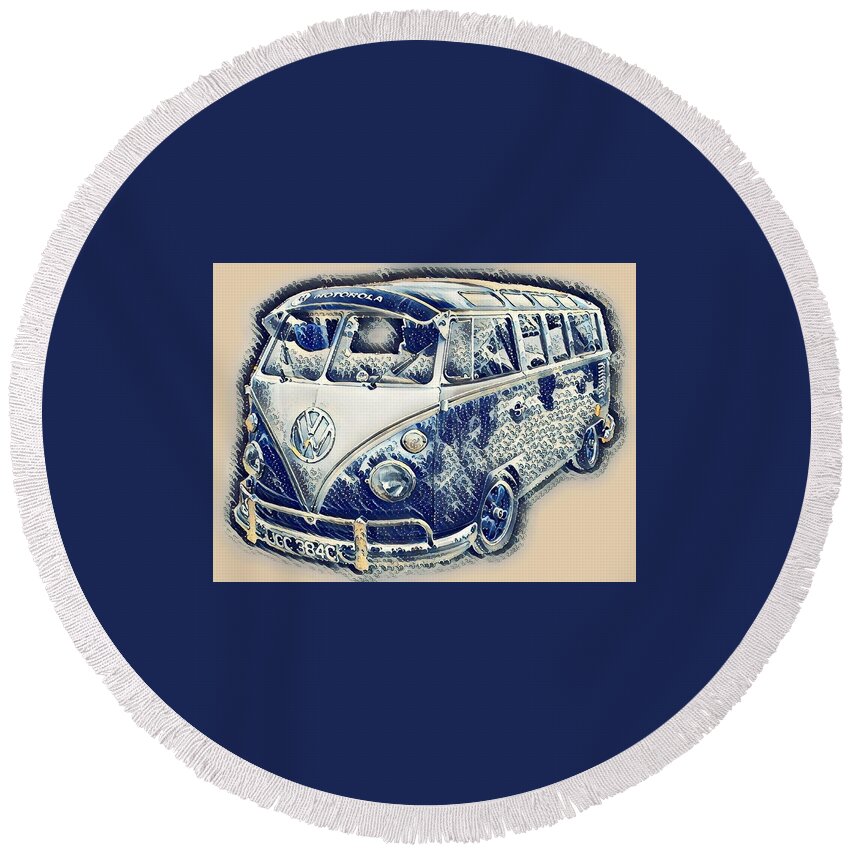 Vw Round Beach Towel featuring the photograph VW Camper Van Waves by John Colley