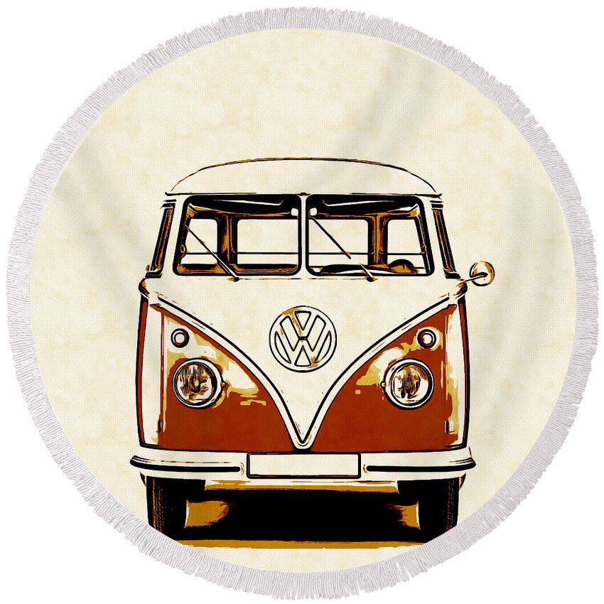 Vw Round Beach Towel featuring the painting VW Van Graphic Artwork Orange by Edward Fielding