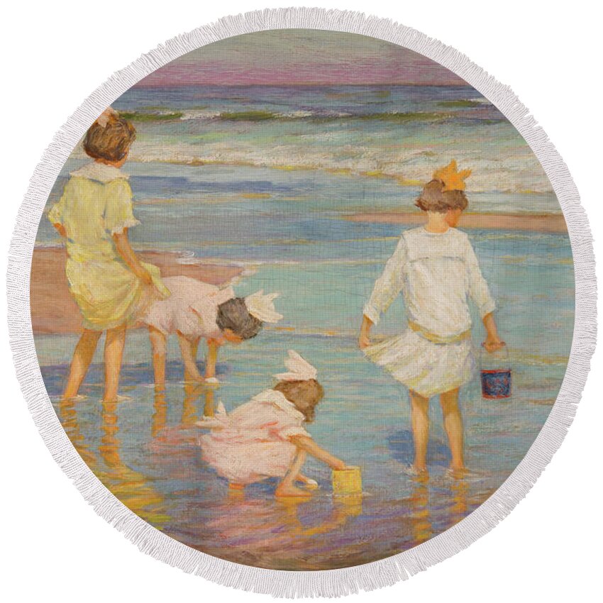 Edward Henry Potthast (american Round Beach Towel featuring the painting Wading by MotionAge Designs