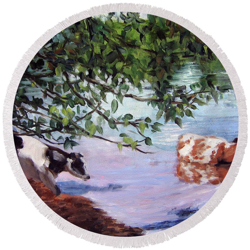 Cows Wading Round Beach Towel featuring the painting Wading by Marie Witte