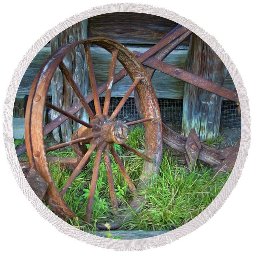 Farm Round Beach Towel featuring the photograph Wagon Wheel and Fence by David and Carol Kelly