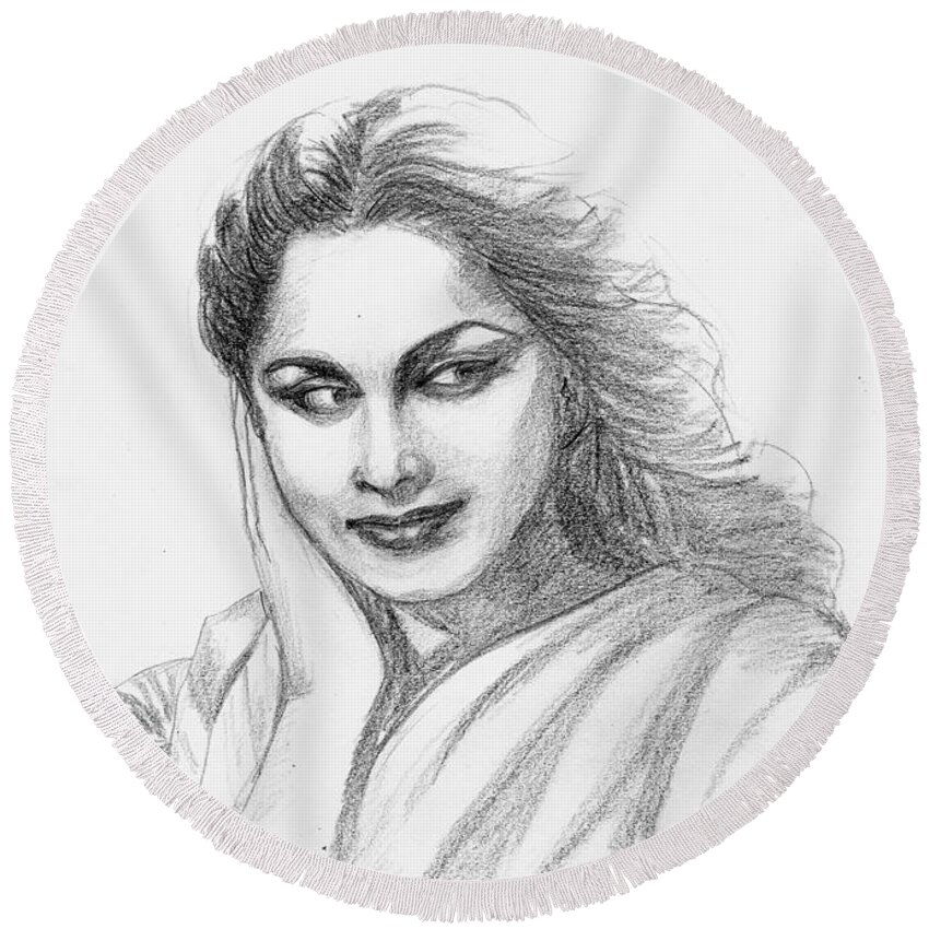 Indian Portrait In Pencil Round Beach Towels