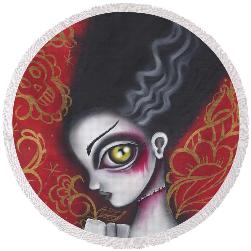 Halloween Round Beach Towel featuring the painting Waiting for Frankenstein by Abril Andrade