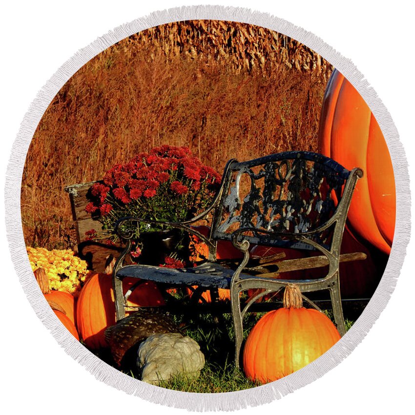 Autumn Round Beach Towel featuring the photograph Waiting for the Great Pumpkin by Wild Thing