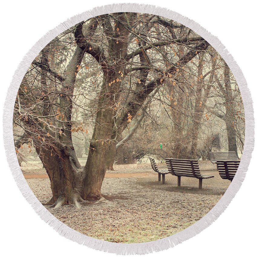 Jenny Rainbow Fine Art Photography Round Beach Towel featuring the photograph Walk in the Snowy Old Park by Jenny Rainbow