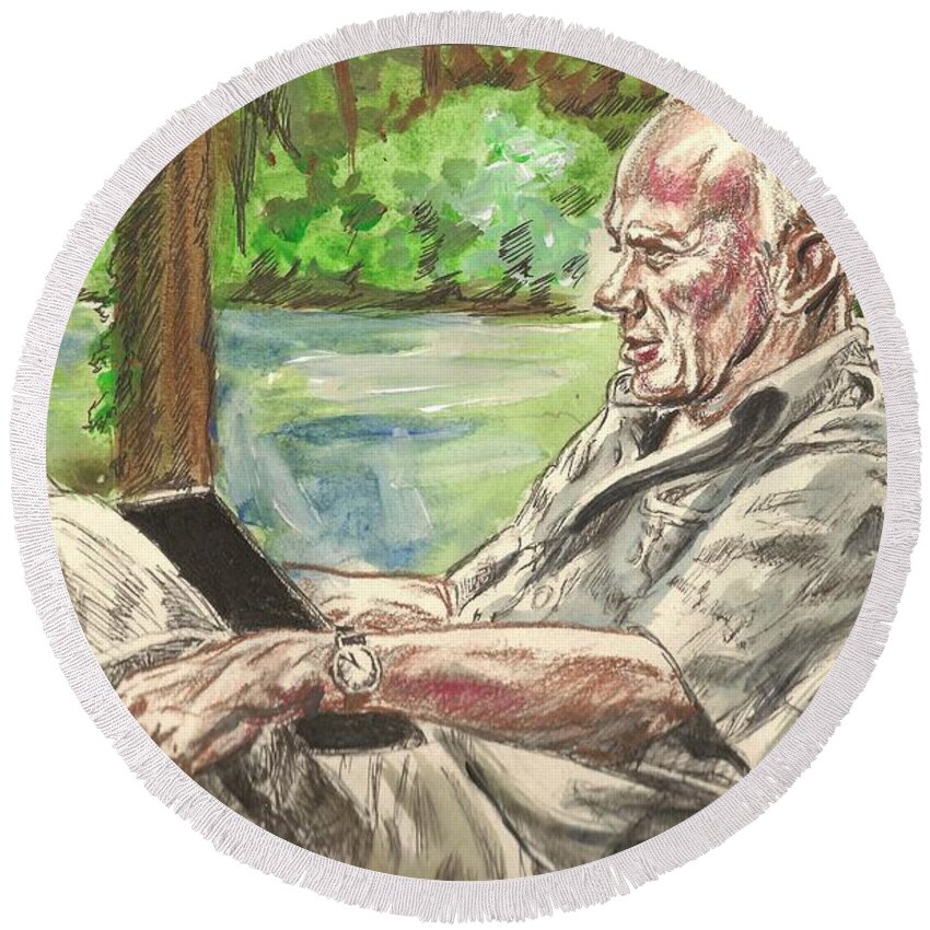 Walker Percy Round Beach Towel featuring the painting Walker Percy at the Lake by Bryan Bustard