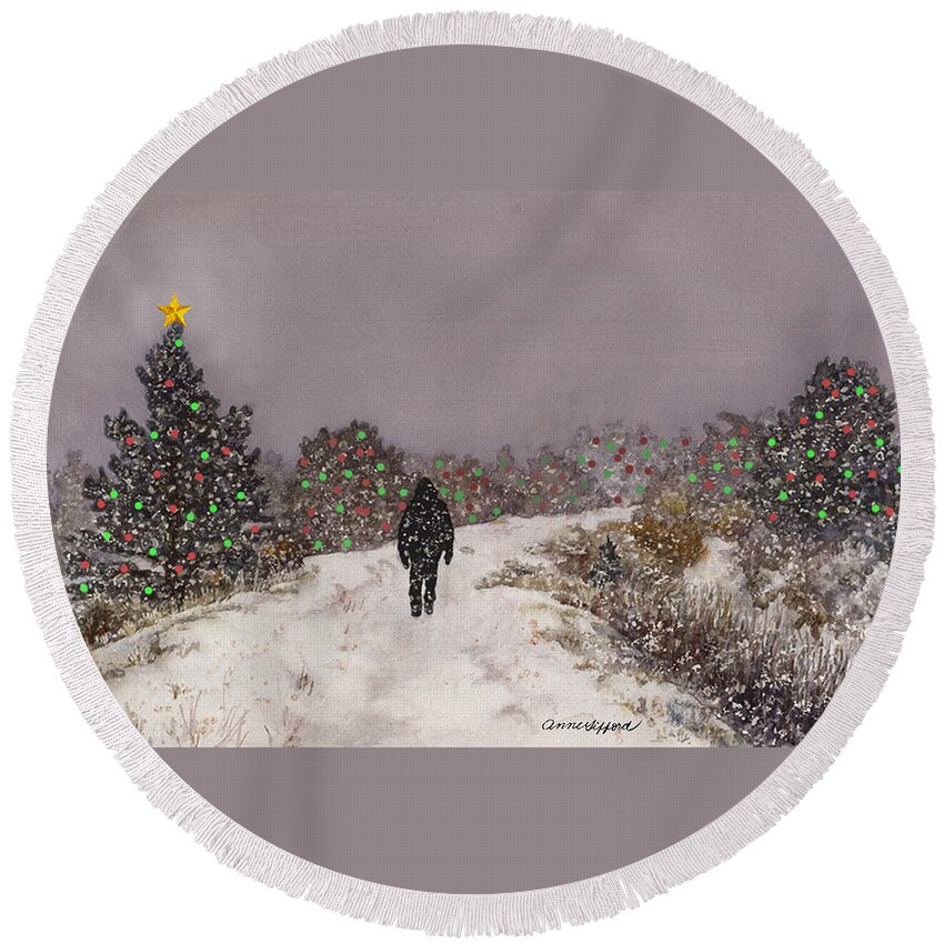 Snowy Painting Round Beach Towel featuring the painting Walking Into the Light by Anne Gifford