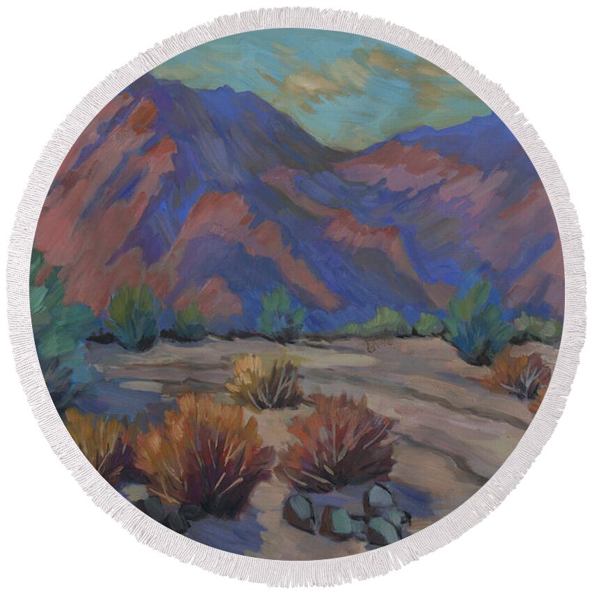Desert Round Beach Towel featuring the painting Walking Path in La Quinta Cove by Diane McClary