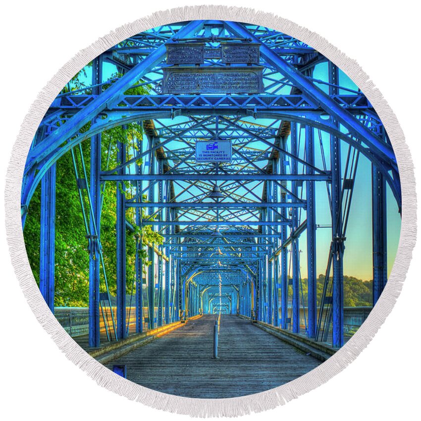Reid Callaway Walking With Me Round Beach Towel featuring the photograph Chattanooga Walk With Me Walnut Street Pedestrian Bridge Chattanooga Tn Bridge Architecture Art by Reid Callaway