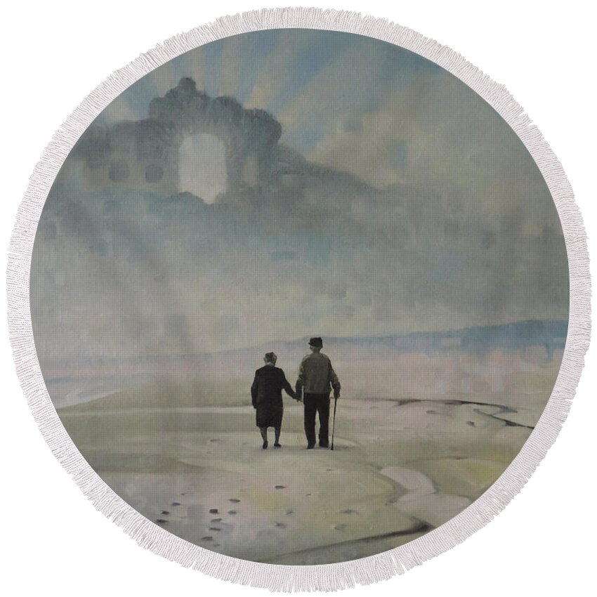 Beach Traditional Inspirational Religious Ocean Elderly Couple Sea Breeze Gulf Coast Coastal Round Beach Towel featuring the painting Walking with our Lord by T S Carson