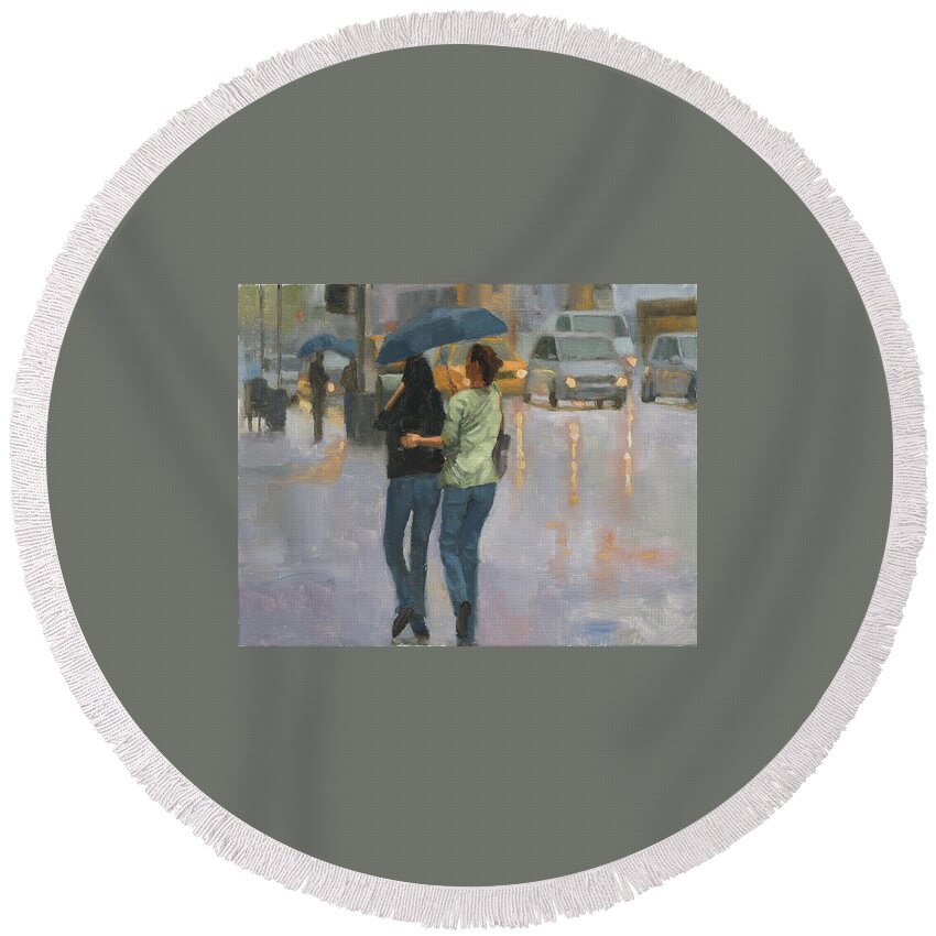 Oil Painting Round Beach Towel featuring the painting Walking with you by Tate Hamilton