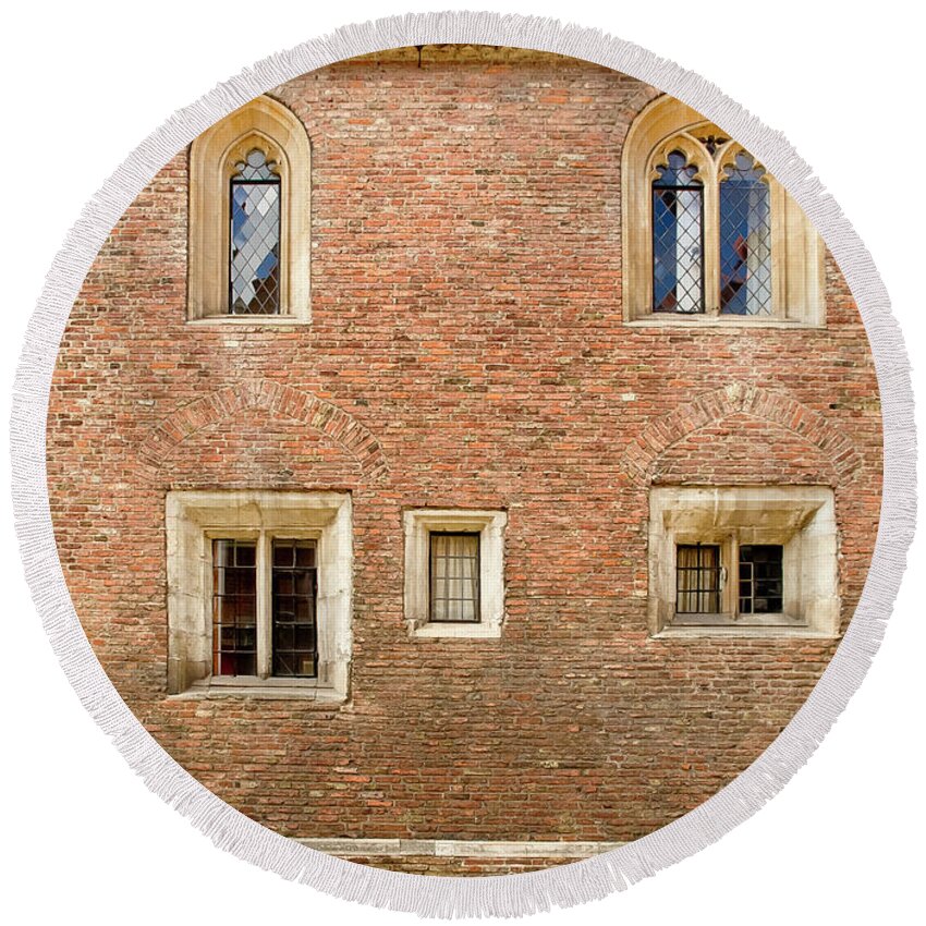 Cambridge Round Beach Towel featuring the photograph Wall of five windows. by Elena Perelman