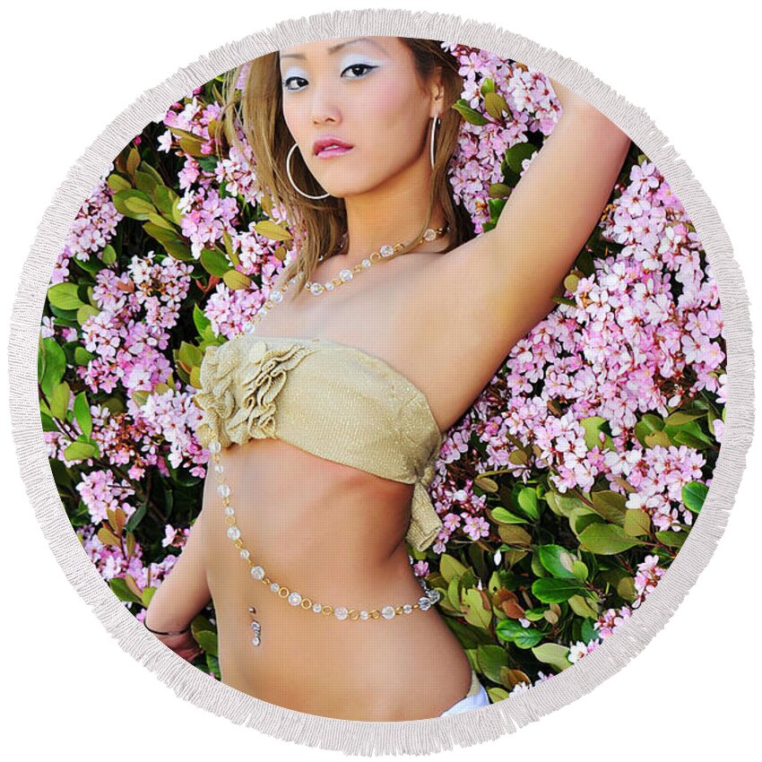 Glamour Photographs Round Beach Towel featuring the photograph Wall of flowers by Robert WK Clark