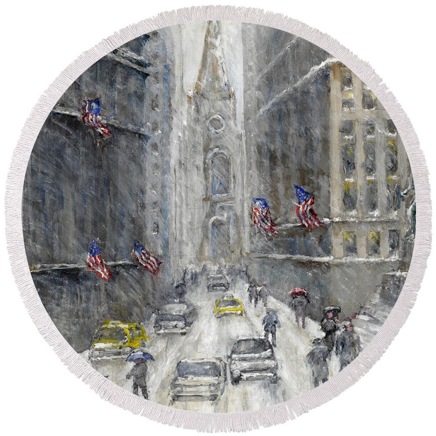 Guy Arthur Wiggins Round Beach Towel featuring the painting Wall street, winter by Guy Arthur Wiggins