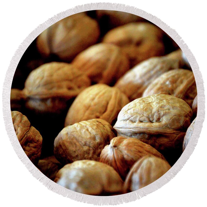 Walnuts Round Beach Towel featuring the photograph Walnuts Ready For Baking by Lesa Fine
