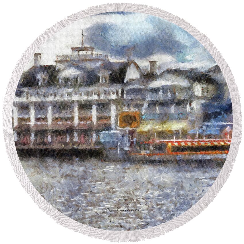 Boardwalk Round Beach Towel featuring the mixed media Walt Disney World Docked At The Boardwalk PA 02 by Thomas Woolworth