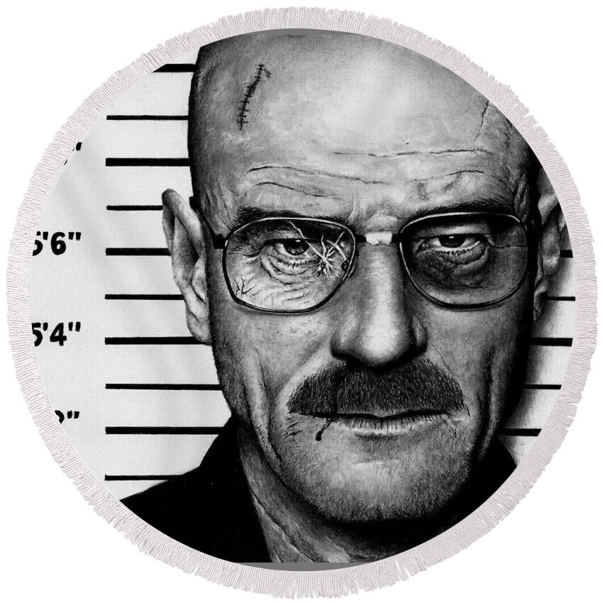 Walter White Round Beach Towel featuring the drawing Walter White Mug Shot by Rick Fortson