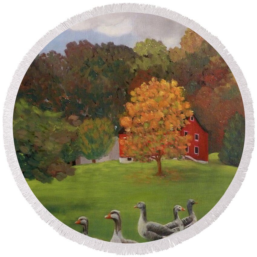 Farm Round Beach Towel featuring the painting Wandering Geese by Lynda Evans