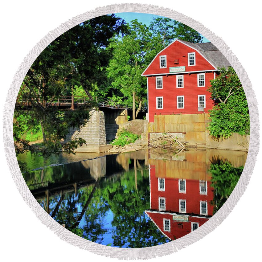 War Eagle Mill Print Round Beach Towel featuring the photograph War Eagle Mill and Bridge - Arkansas by Gregory Ballos