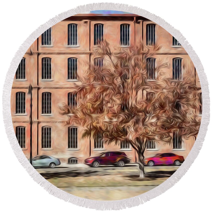 Durham Round Beach Towel featuring the photograph Warehouse with Tree by Wade Brooks