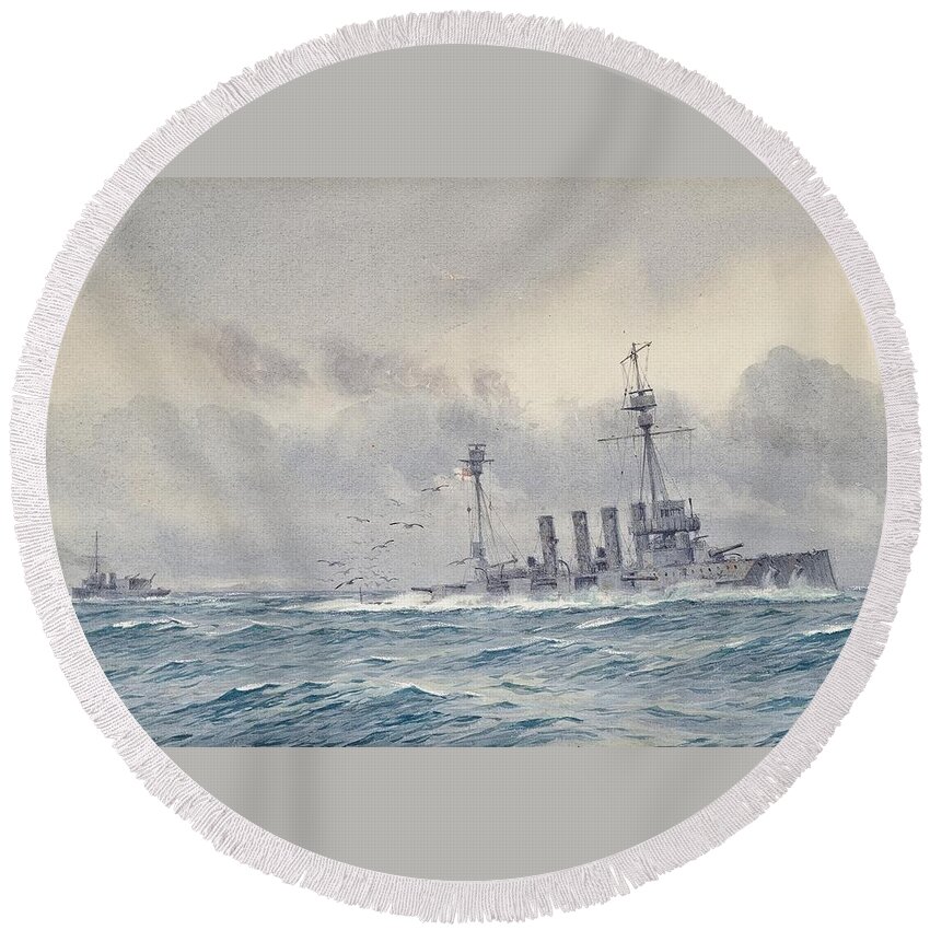 Alma Claude Burlton Cull (1880-1931) The Sinking Of H.m.s. Warrior After The Battle Of Jutland Round Beach Towel featuring the painting Warrior after the Battle of Jutland by MotionAge Designs