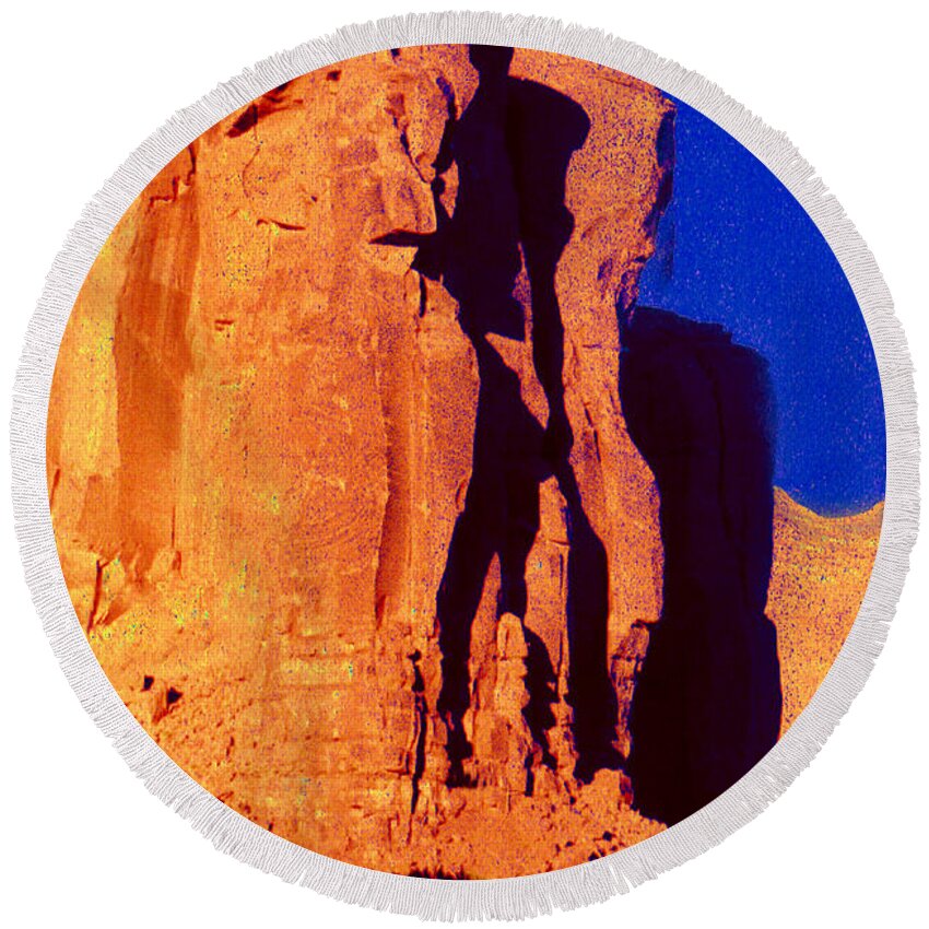 Southwest Landscape Round Beach Towel featuring the photograph Warrior in the Rock in Monument Valley by Joe Hoover