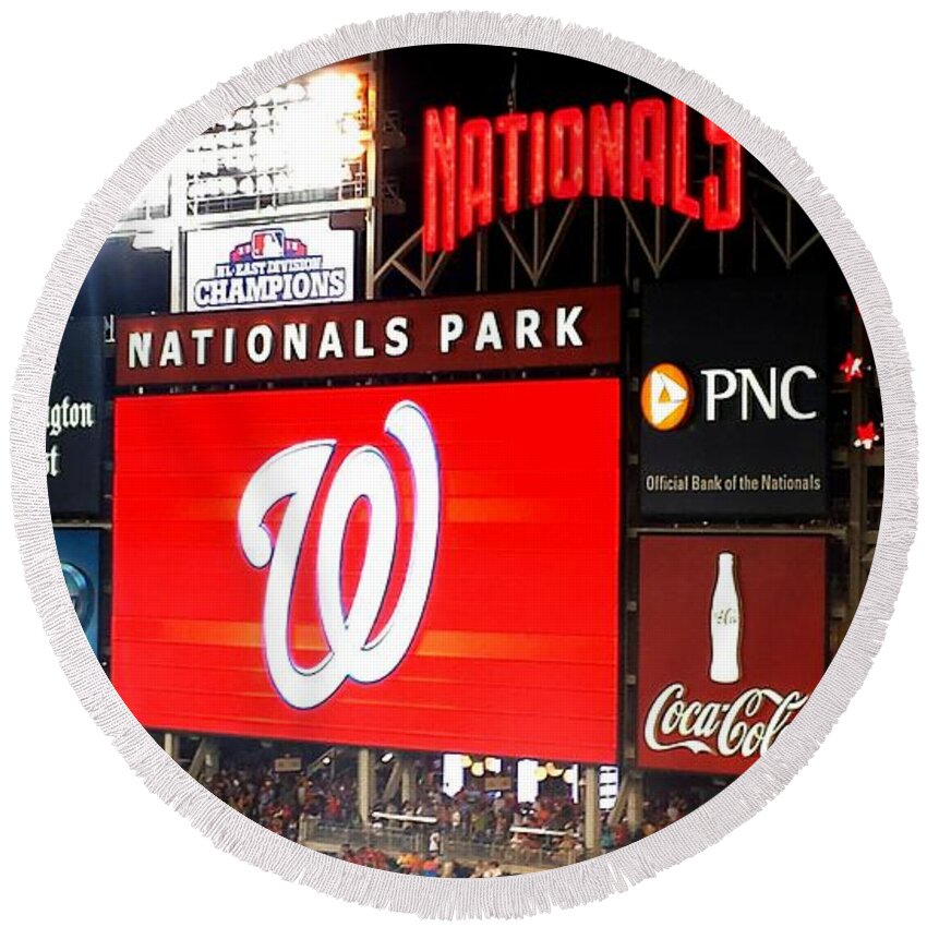 Washington Dc Round Beach Towel featuring the photograph Washington Nationals Scoreboard by Kenny Glover