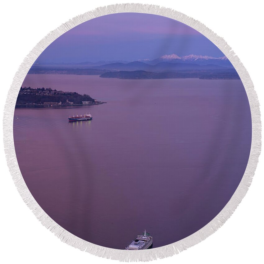 Seattle Round Beach Towel featuring the photograph Washington State Ferry Sunrise Light by Mike Reid