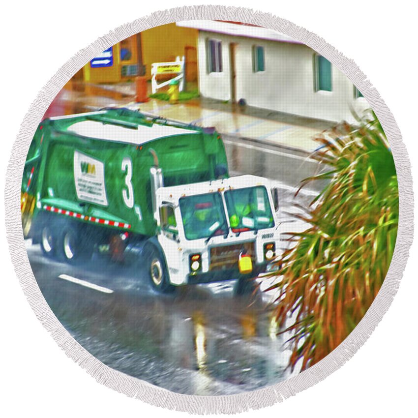 Waste Disposal Round Beach Towel featuring the photograph Waste Disposal Truck on Rainy Day by Gina O'Brien
