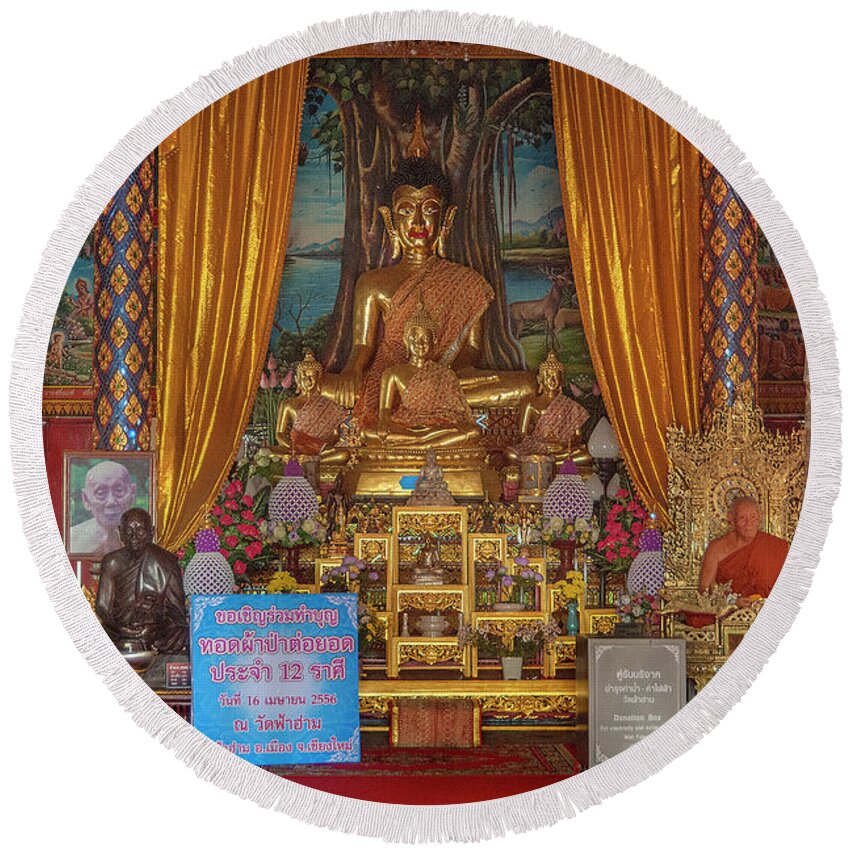 Scenic Round Beach Towel featuring the photograph Wat Fa Ham Phra Wihan Buddha and Monk Images DTHCM1344 by Gerry Gantt