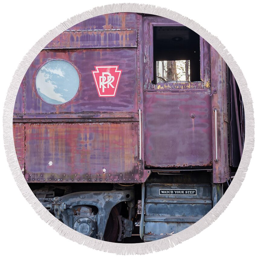 Terry D Photography Round Beach Towel featuring the photograph Watch Your Step Vintage Railroad Car by Terry DeLuco
