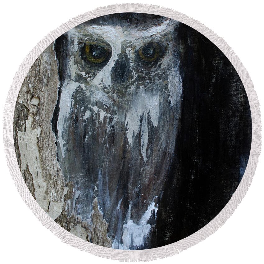 Owl Paintings- #owllovers #owls- #owlpaintings -abstract Art #paintingsbyraeannmgarrett Art By Rae Ann M. Garrett - Owl Art Round Beach Towel featuring the painting Watcher Of The Woods #1 by Rae Ann M Garrett