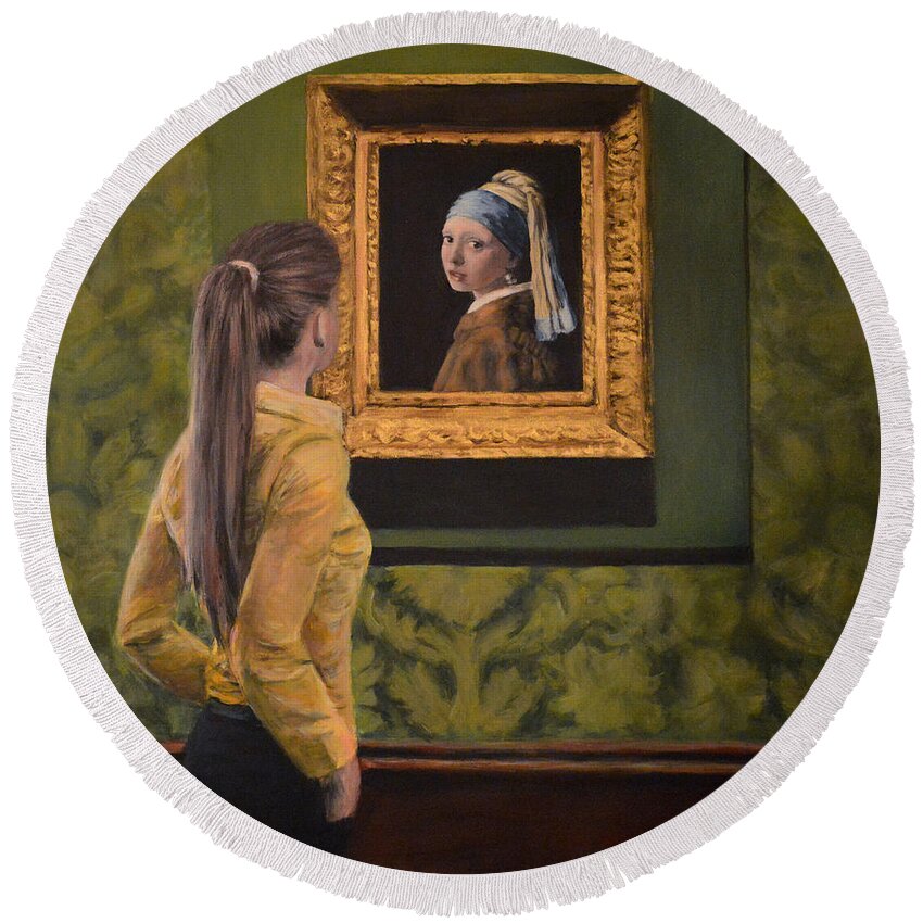 Watching Girl With The Pearl Earring By Dutch Master Artist Vermeer Round Beach Towel featuring the painting Watching girl with the pearl earring by Escha Van den bogerd