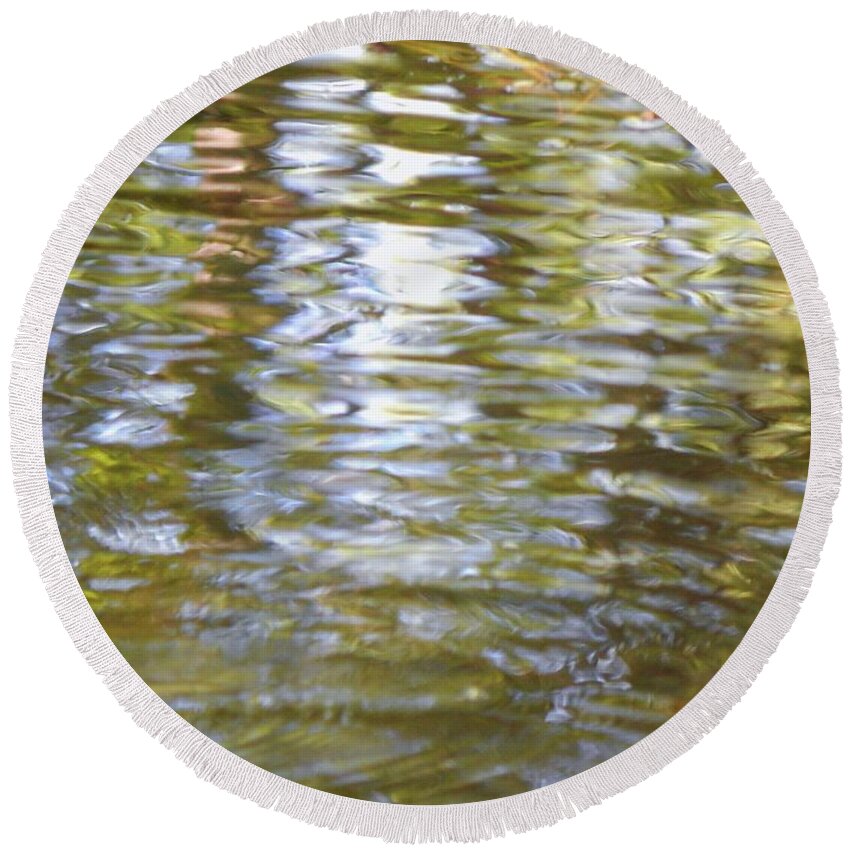 Water Pond Nature Light Sun Nature Reflections Green Trees Shine Glow Circles Breezes Movement Abstract Art Artistic Reflect Reflection Landscape Foliage Round Beach Towel featuring the photograph Water Abstract by Jan Gelders