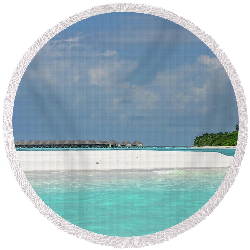 Jenny Rainbow Fine Art Photography Round Beach Towel featuring the photograph Water Bungalows of Maldivian Resort by Jenny Rainbow