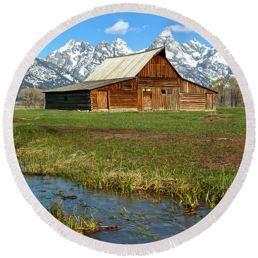 Moulton Barn Round Beach Towel featuring the photograph Water By The Barn by Adam Jewell