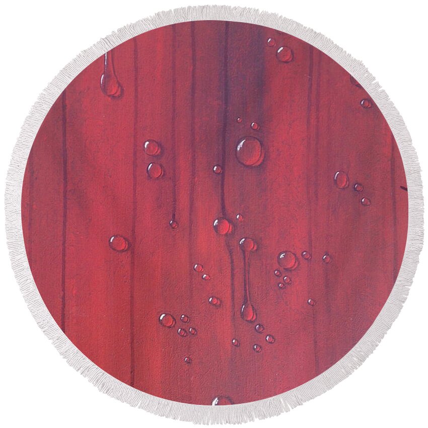 Red Round Beach Towel featuring the painting Water Drops on Red by Teresa Fry