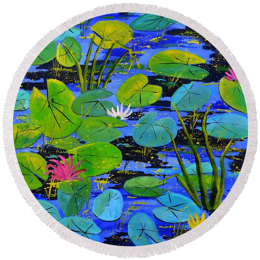 Landscape Round Beach Towel featuring the painting Water lilies 88 by Pol Ledent