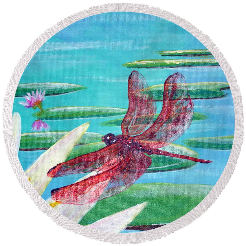 Water Round Beach Towel featuring the painting Water Lilies and Dragonfly by Susan Kubes