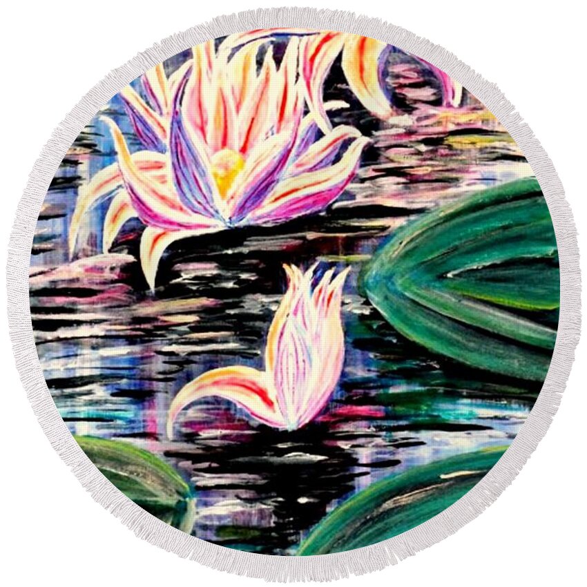 Art Round Beach Towel featuring the painting Water Lilies Reaching High by Medea Ioseliani