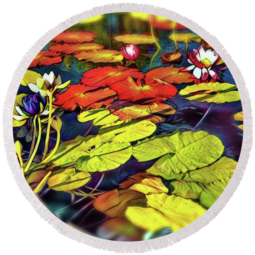 White Round Beach Towel featuring the digital art Water Lilly Pond by Russ Harris