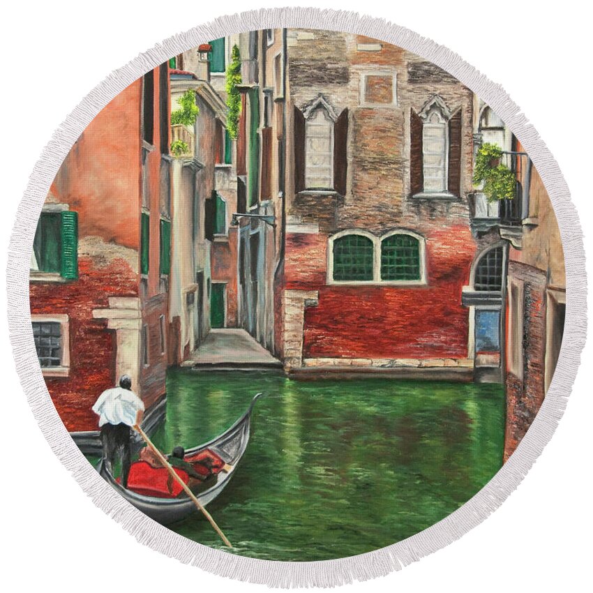 Venice Paintings Round Beach Towel featuring the painting Water Taxi On Venice Side Canal by Charlotte Blanchard