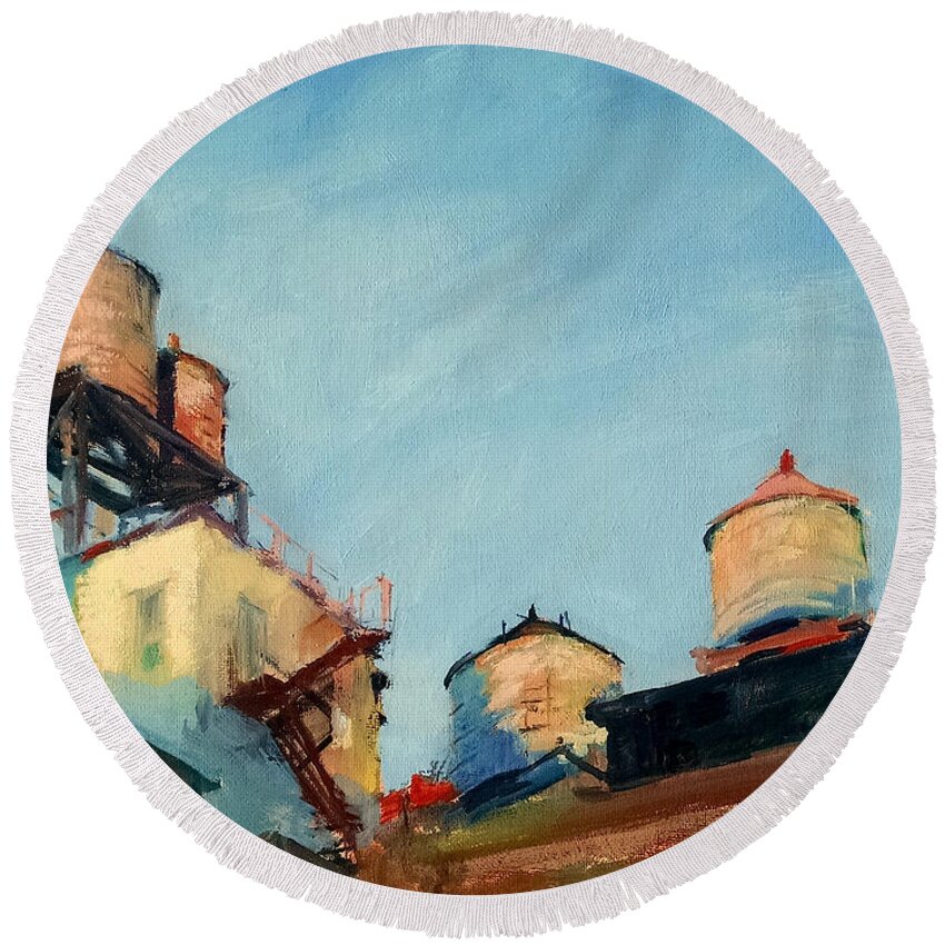 Landscape Round Beach Towel featuring the painting Water Towers at Sunrise No. 1 by Peter Salwen