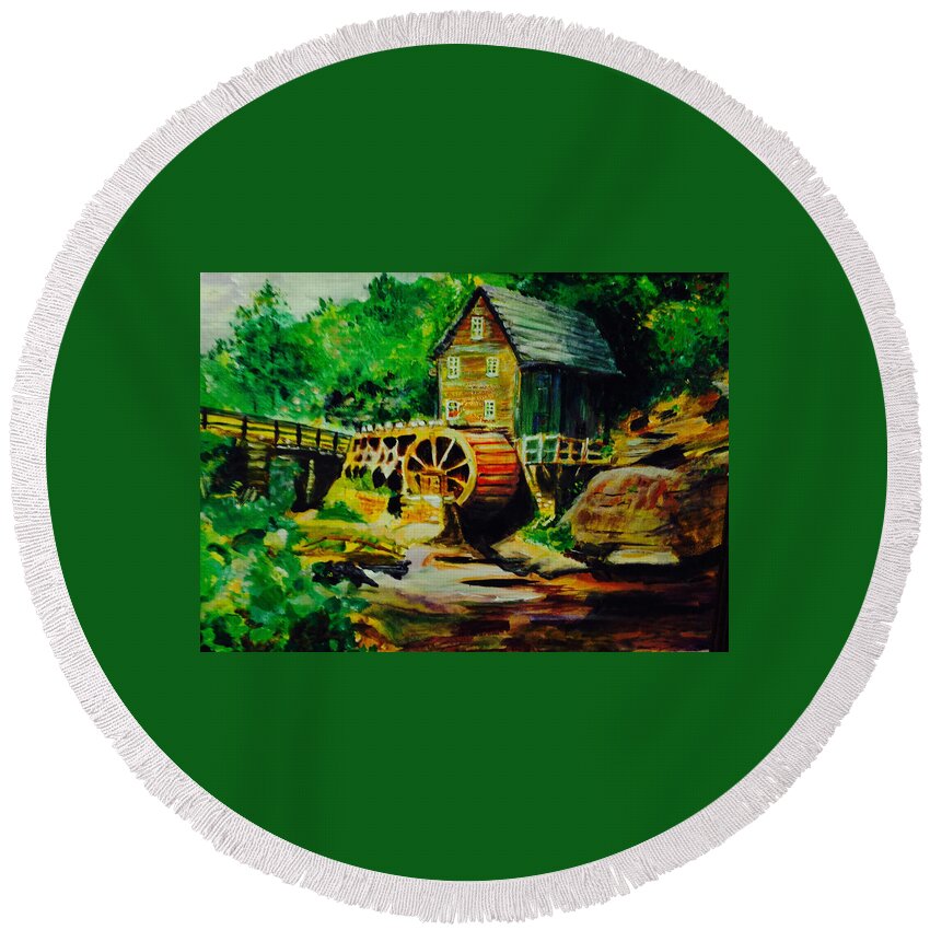 Trees Round Beach Towel featuring the painting Water Wheel by Carole Johnson