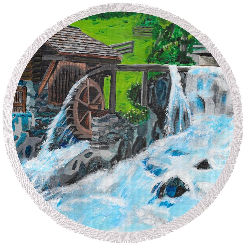 Water Wheel Round Beach Towel featuring the painting Water Wheel by David Bigelow