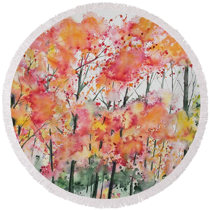 Forest Round Beach Towel featuring the painting Watercolor - Autumn Forest by Cascade Colors