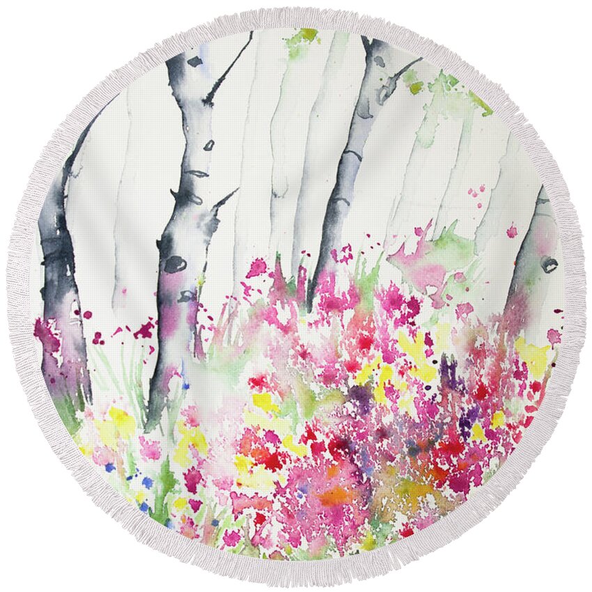 Aspen Round Beach Towel featuring the painting Watercolor - Birch and Wildflowers by Cascade Colors