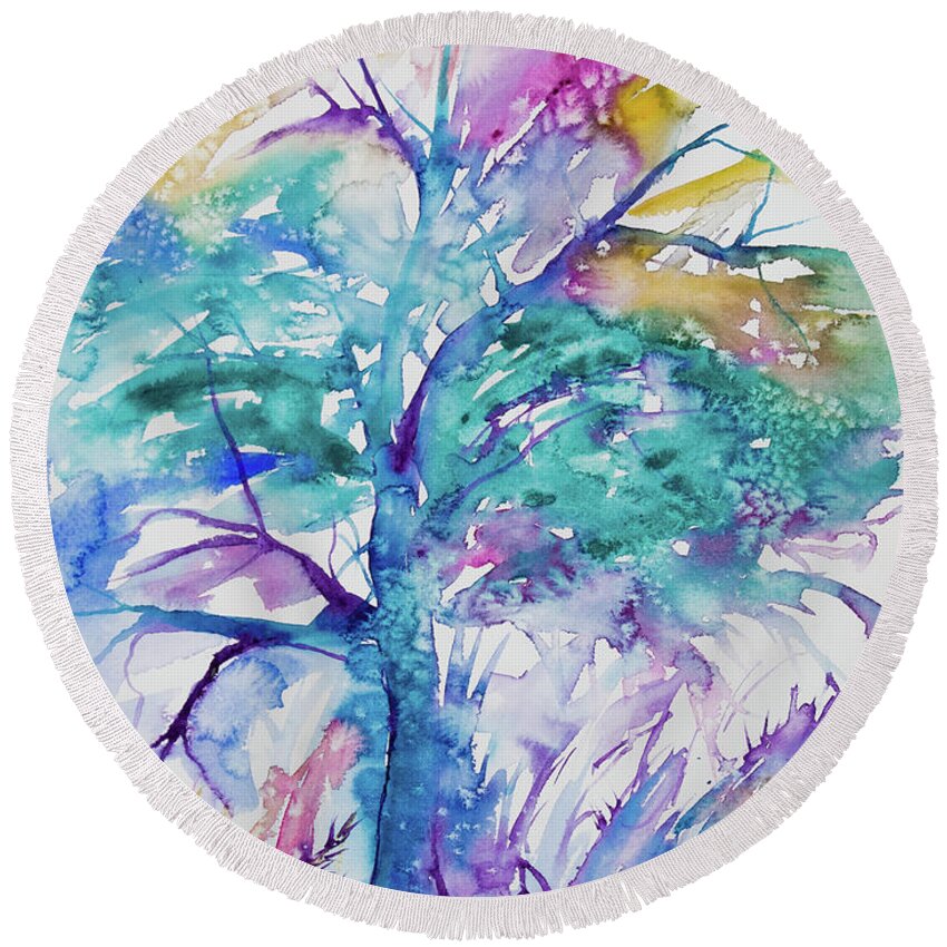 Tree Round Beach Towel featuring the painting Watercolor - Colorful Abstract Tree by Cascade Colors